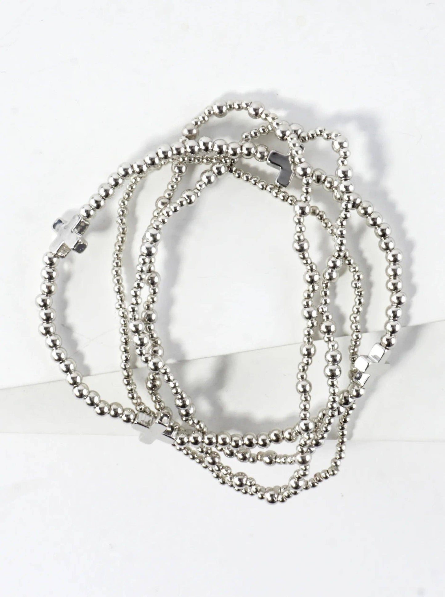 4PC-Set Cross Accents Metallic Beaded Stackable Stretch Bracelet: Gold