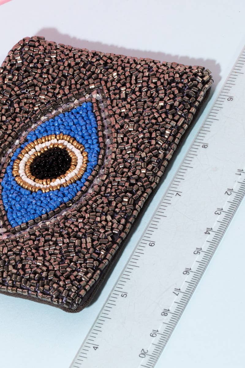 Black Evil Eye Beaded Coin Purse: MULTI
