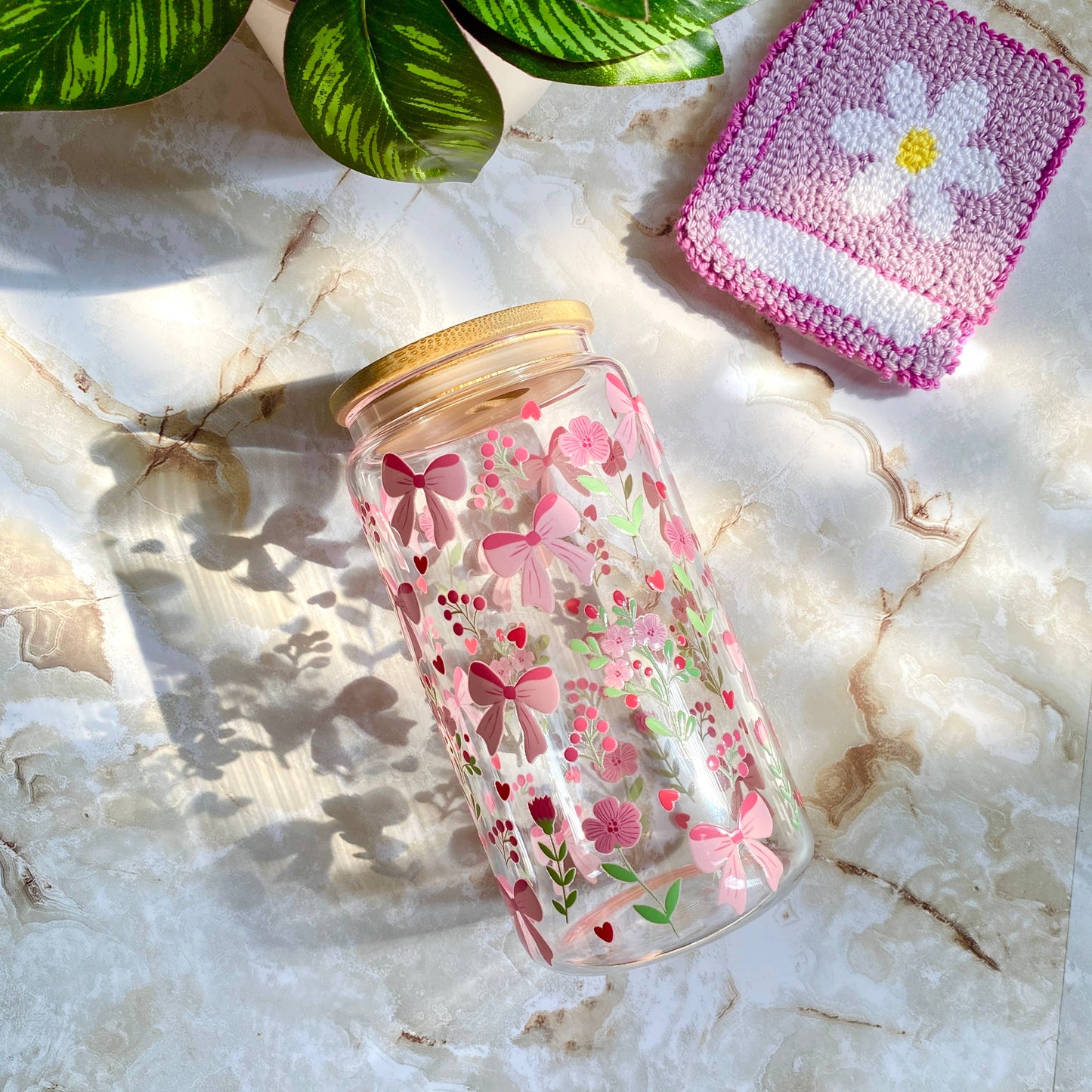 Pink Flowers Bow Mug Iced Coffee Glass Cup Lid and Straw