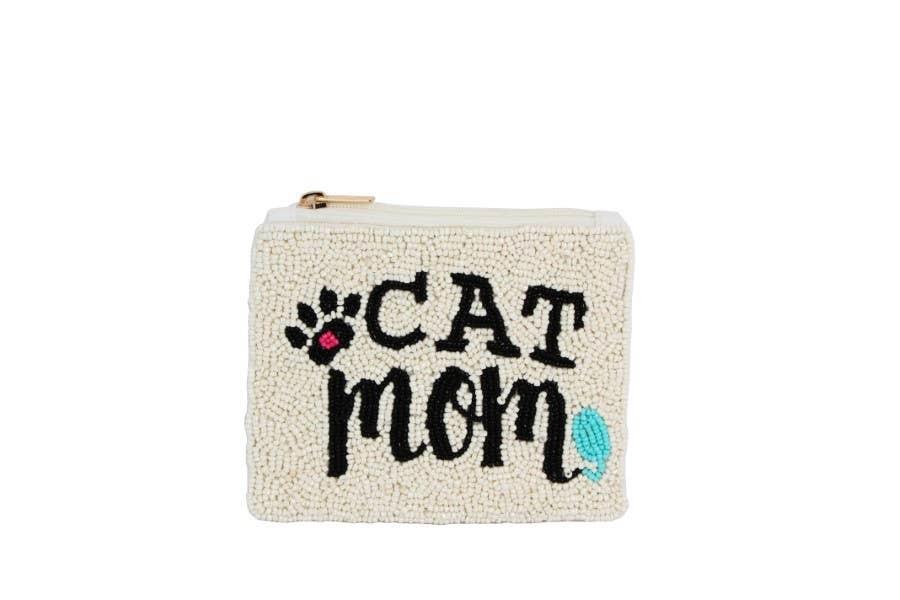 Ladies Fully Beaded White CAT Theme Coin Purse