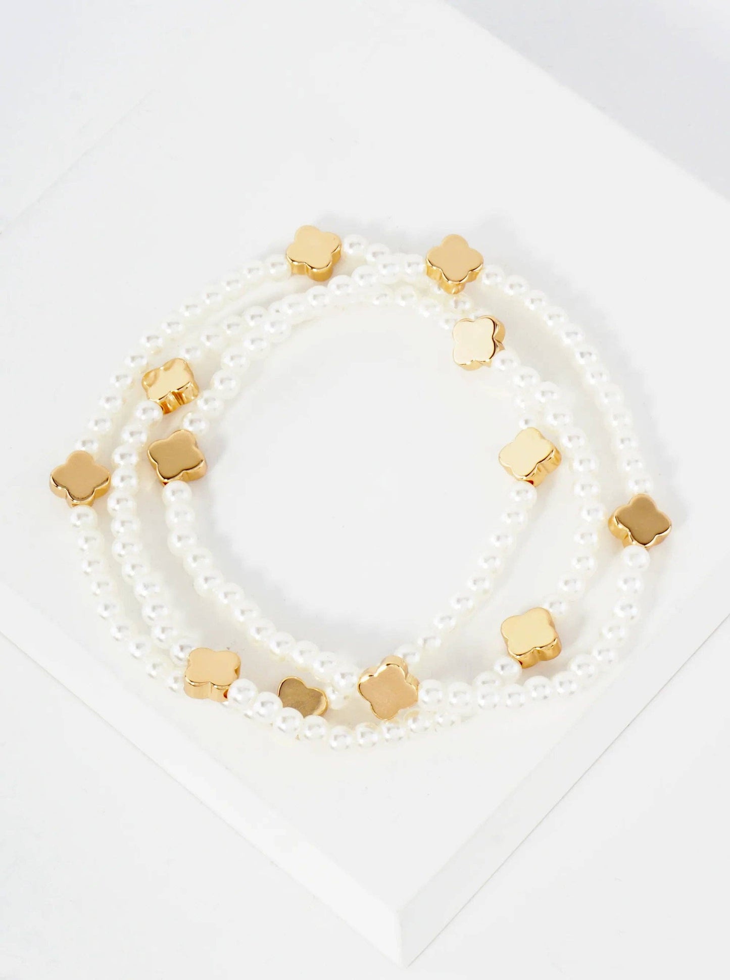 3PC-Set Metallic Beads Quatrefoil Stackable Stretch Bracelets: Rhodium