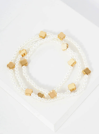 3PC-Set Metallic Beads Quatrefoil Stackable Stretch Bracelets: Rhodium