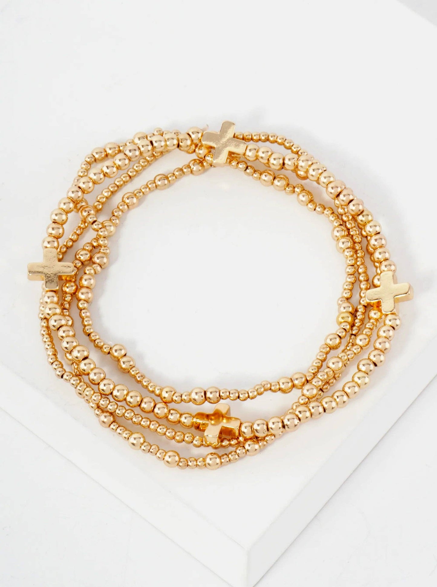 4PC-Set Cross Accents Metallic Beaded Stackable Stretch Bracelet: Gold