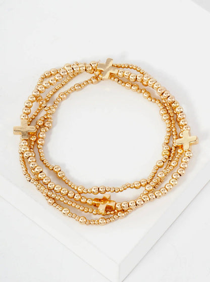4PC-Set Cross Accents Metallic Beaded Stackable Stretch Bracelet: Gold