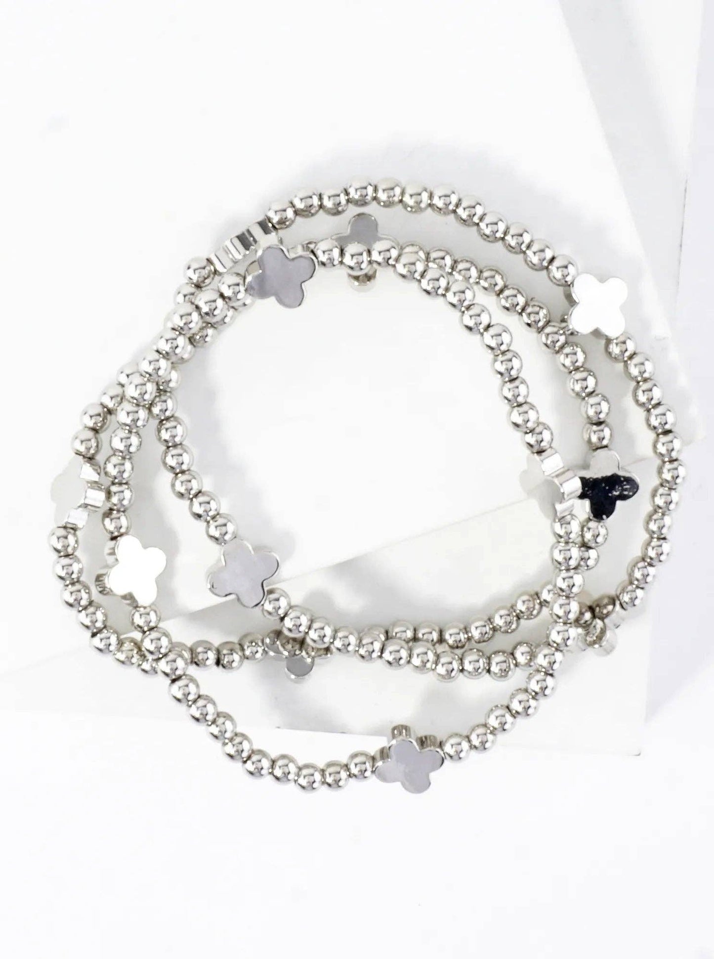 3PC-Set Metallic Beads Quatrefoil Stackable Stretch Bracelets: Rhodium