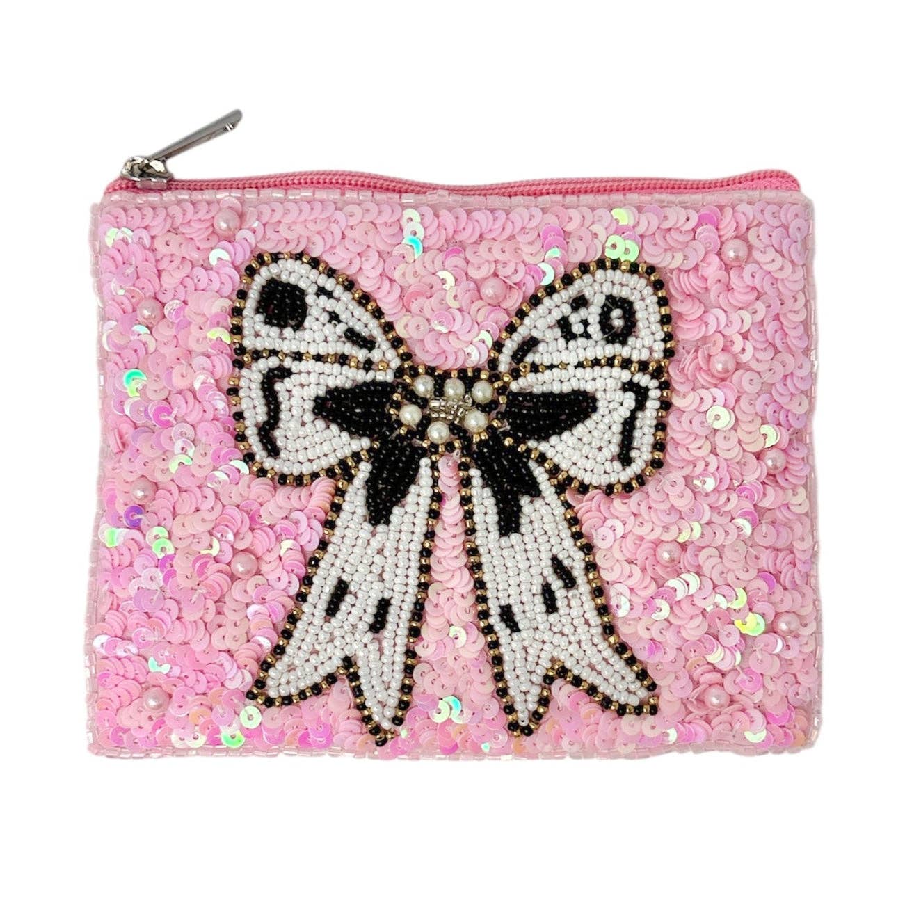 White Black Bow Beaded Pouch Purse