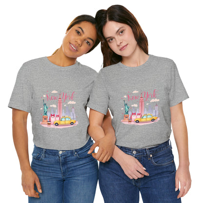New York City Skyline T-Shirt – Cute Pink Taxi & Statue of Liberty Graphic Tee