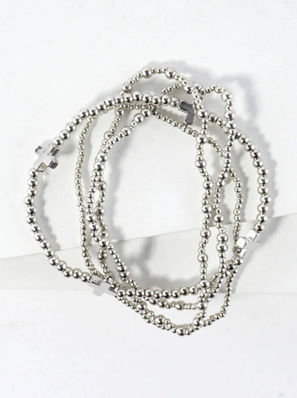 4PC-Set Cross Accents Metallic Beaded Stackable Stretch Bracelet: Gold