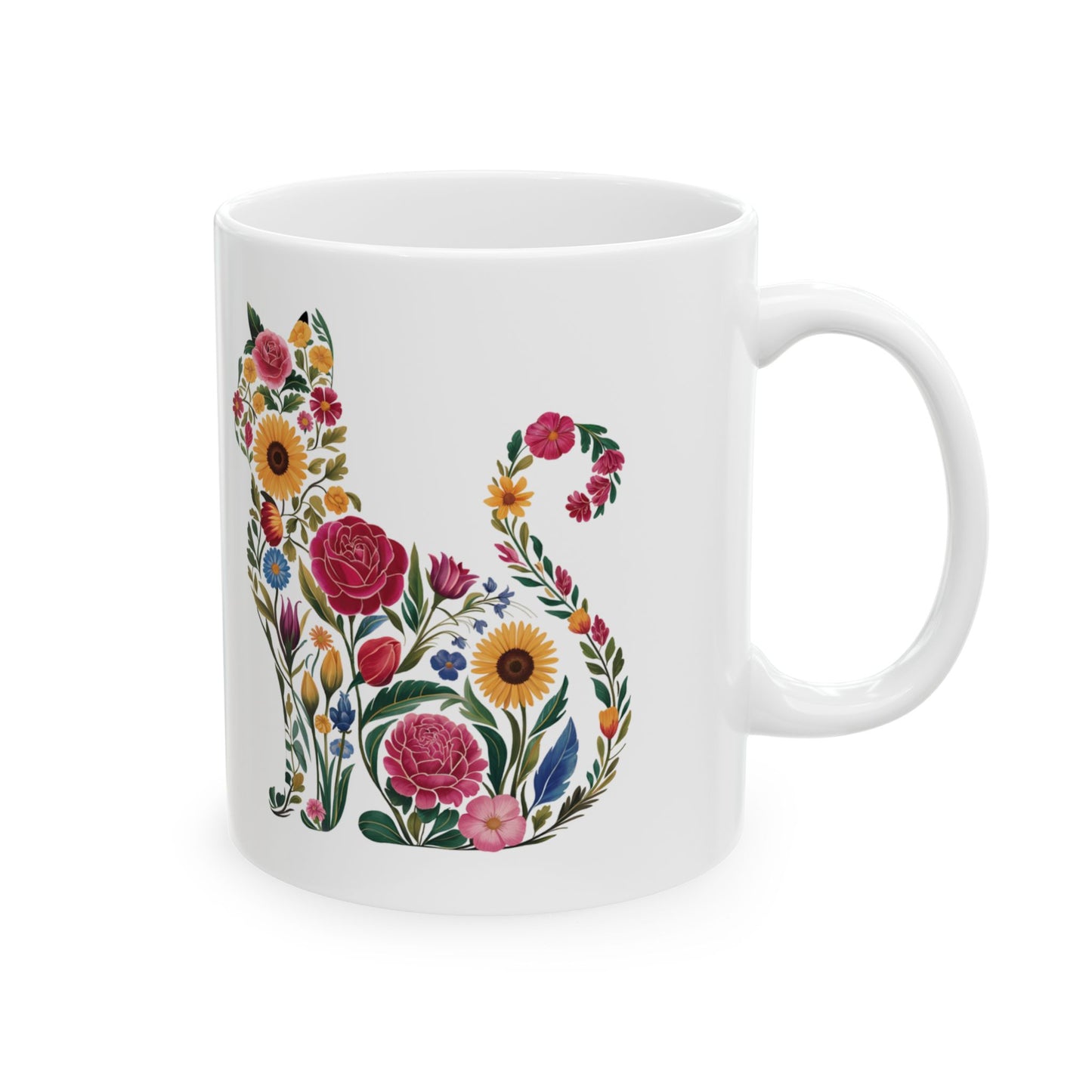 Floral Cat Ceramic Mug – Colorful Botanical Cat Coffee Cup (11oz & 15oz)