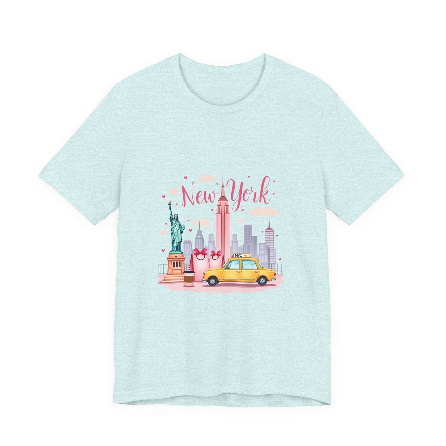 New York City Skyline T-Shirt – Cute Pink Taxi & Statue of Liberty Graphic Tee