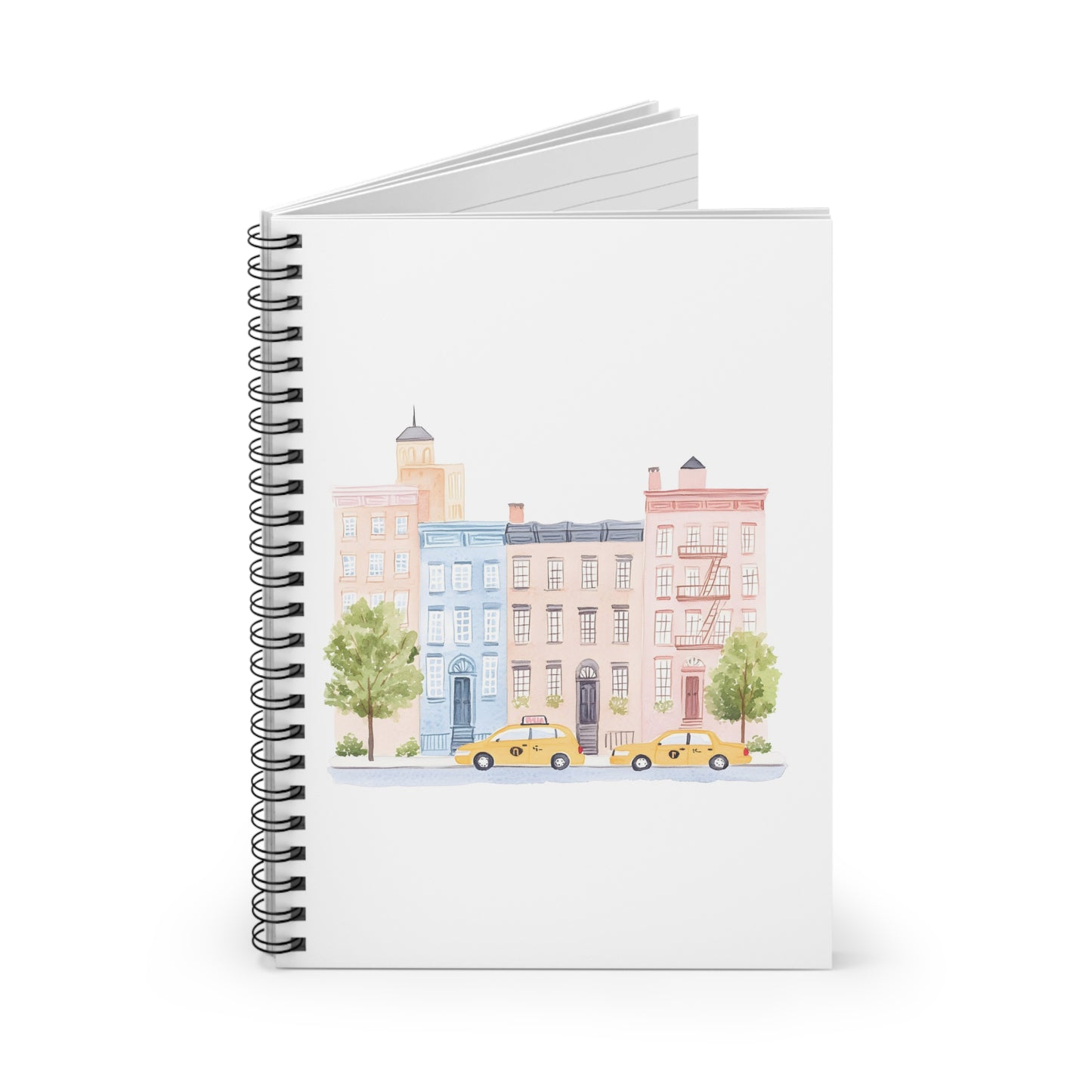 City Street Spiral Notebook — Pastel Townhomes with Yellow Taxis, Ruled Journal