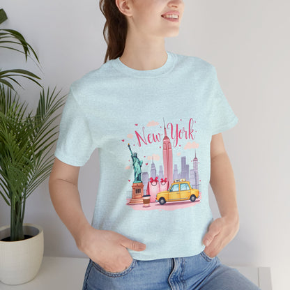 New York City Skyline T-Shirt – Cute Pink Taxi & Statue of Liberty Graphic Tee