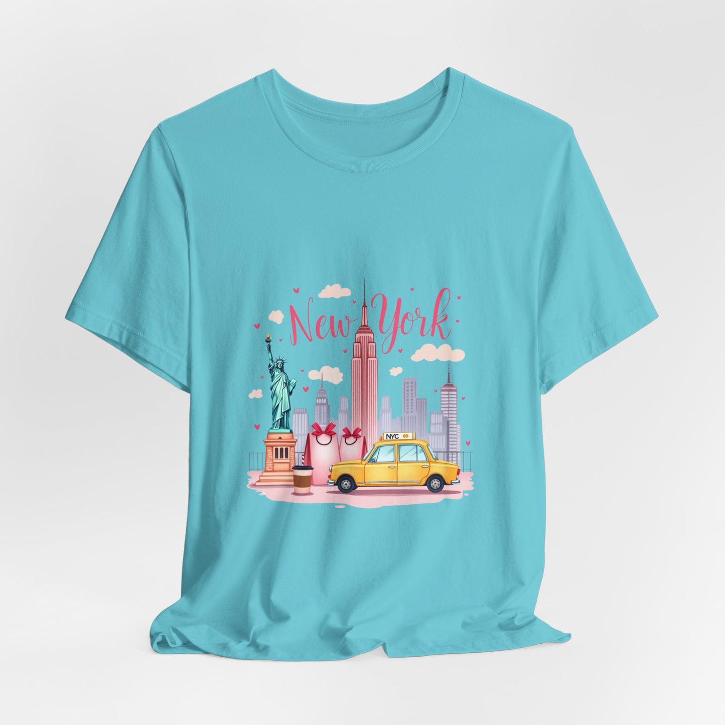New York City Skyline T-Shirt – Cute Pink Taxi & Statue of Liberty Graphic Tee