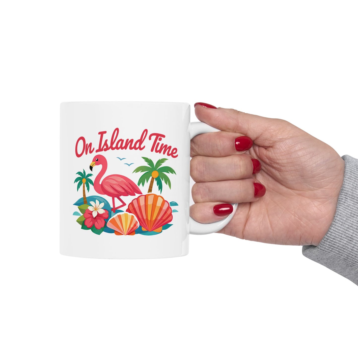 Tropical Flamingo Ceramic Mug — "One Time" Beach Shell Palm Design (11oz/15oz)