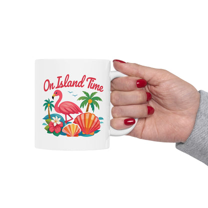 Tropical Flamingo Ceramic Mug — "One Time" Beach Shell Palm Design (11oz/15oz)