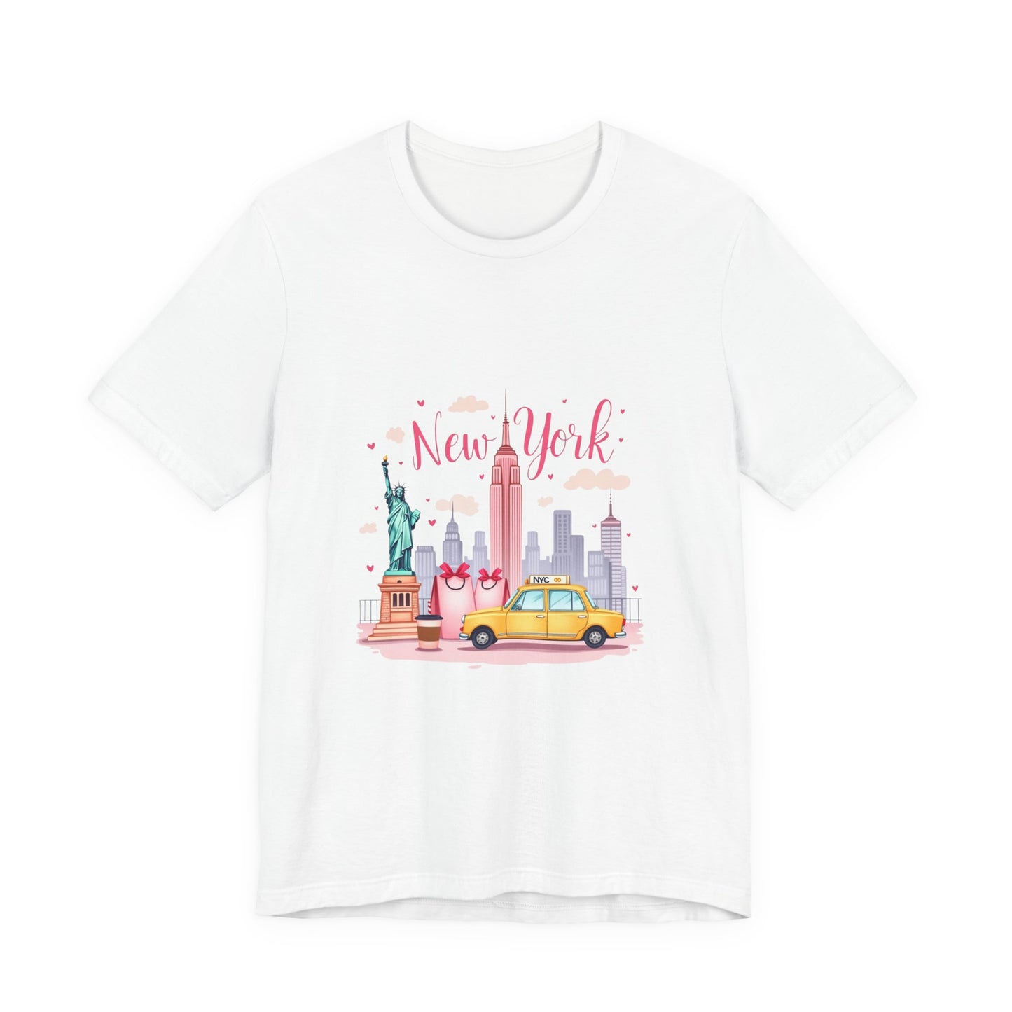 New York City Skyline T-Shirt – Cute Pink Taxi & Statue of Liberty Graphic Tee