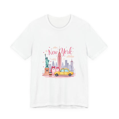 New York City Skyline T-Shirt – Cute Pink Taxi & Statue of Liberty Graphic Tee