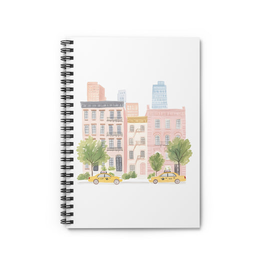 City Streetline Spiral Notebook — Pastel Urban Buildings with Yellow Taxi (Ruled)
