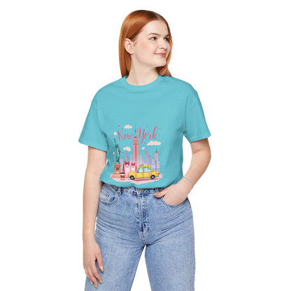 New York City Skyline T-Shirt – Cute Pink Taxi & Statue of Liberty Graphic Tee