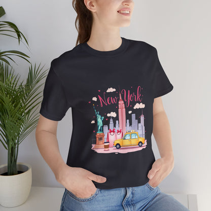 New York City Skyline T-Shirt – Cute Pink Taxi & Statue of Liberty Graphic Tee