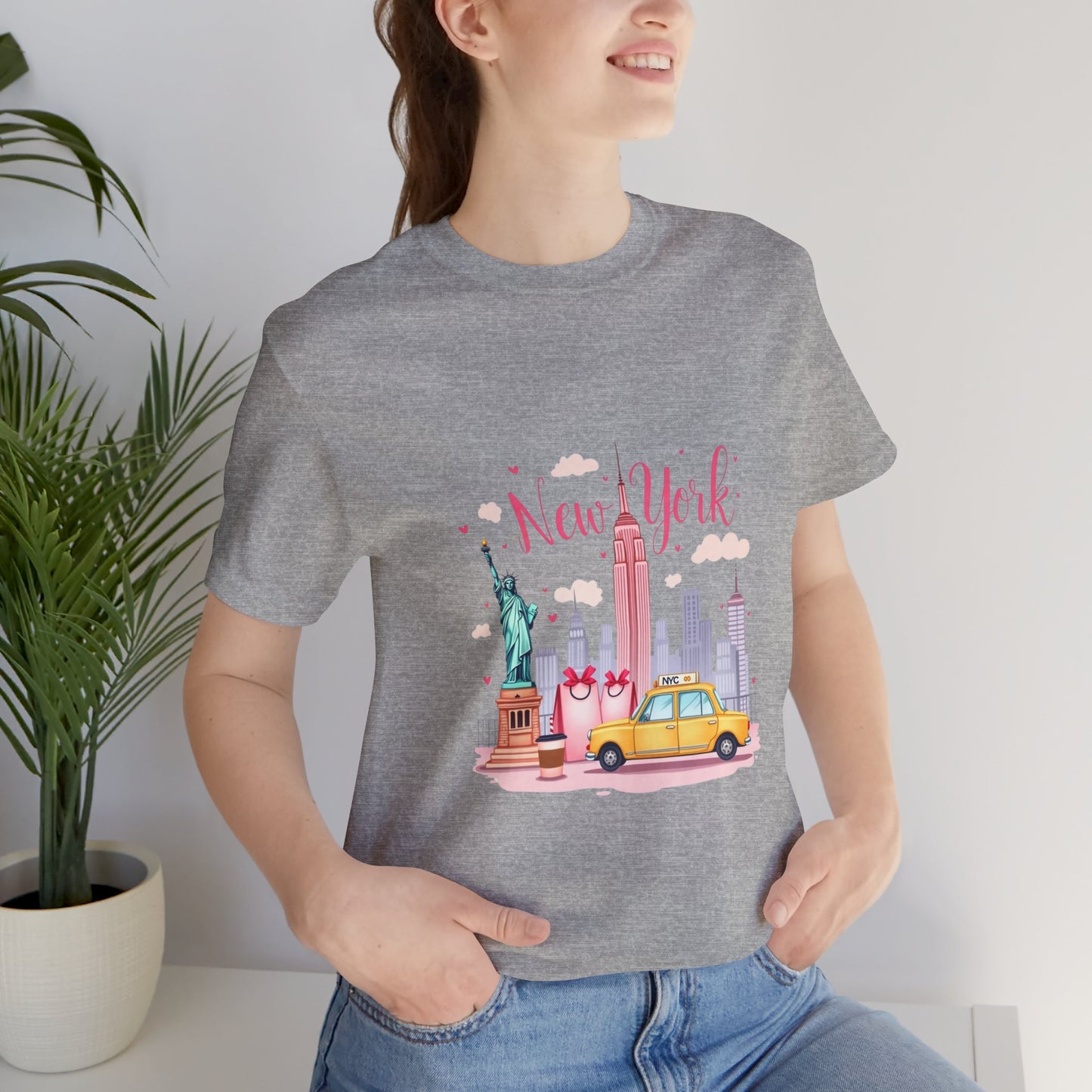 New York City Skyline T-Shirt – Cute Pink Taxi & Statue of Liberty Graphic Tee