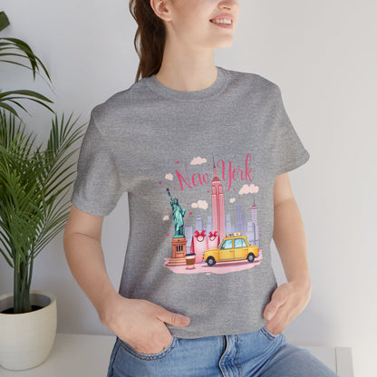 New York City Skyline T-Shirt – Cute Pink Taxi & Statue of Liberty Graphic Tee