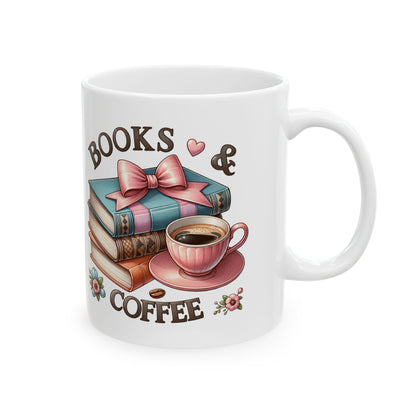 Book Lover Coffee Mug – Retro Stack of Books & Cup Design (11oz, 15oz)