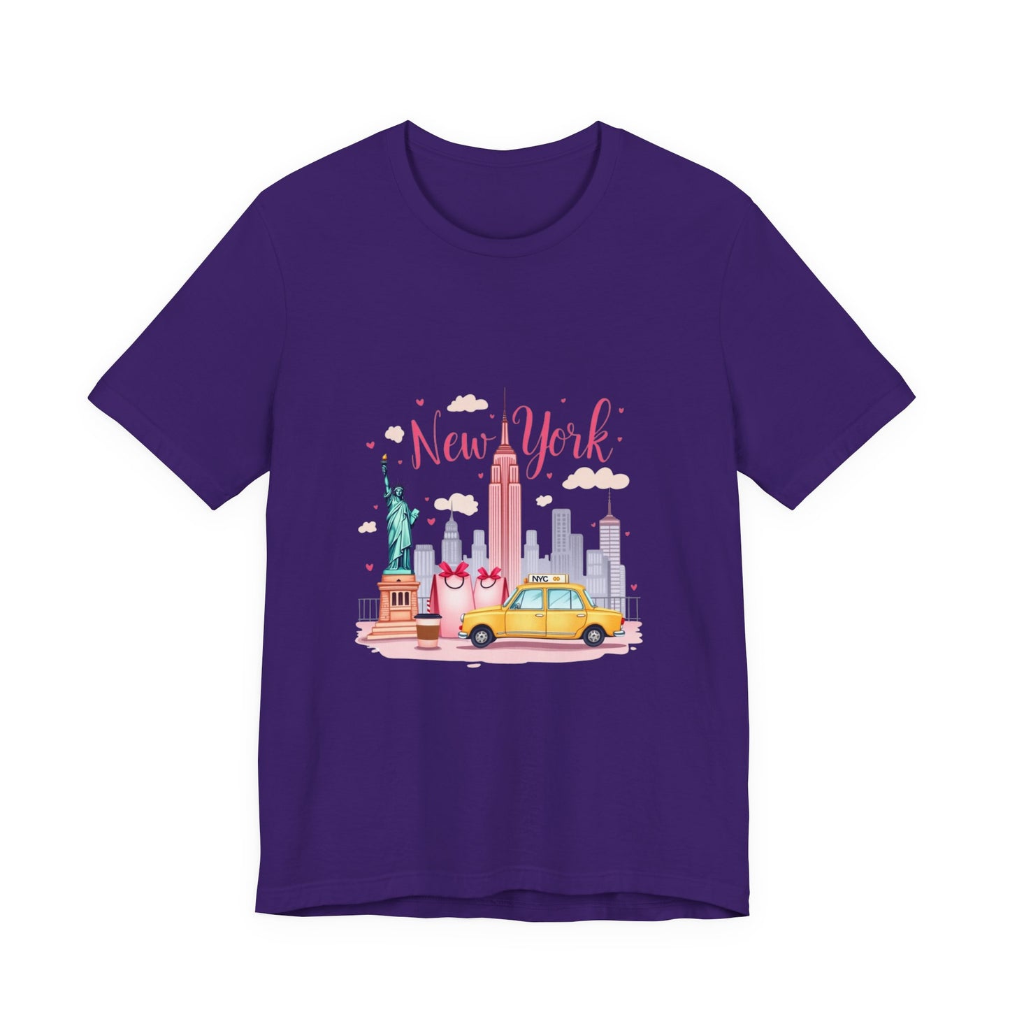 New York City Skyline T-Shirt – Cute Pink Taxi & Statue of Liberty Graphic Tee