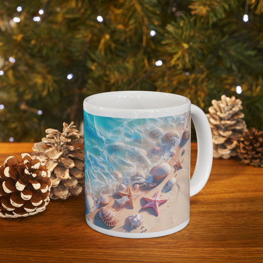 Seashell Shore Ceramic Mug — Ocean Waves Beach Coffee Cup (11oz/15oz)