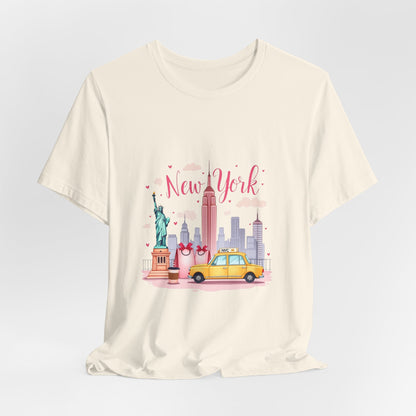 New York City Skyline T-Shirt – Cute Pink Taxi & Statue of Liberty Graphic Tee