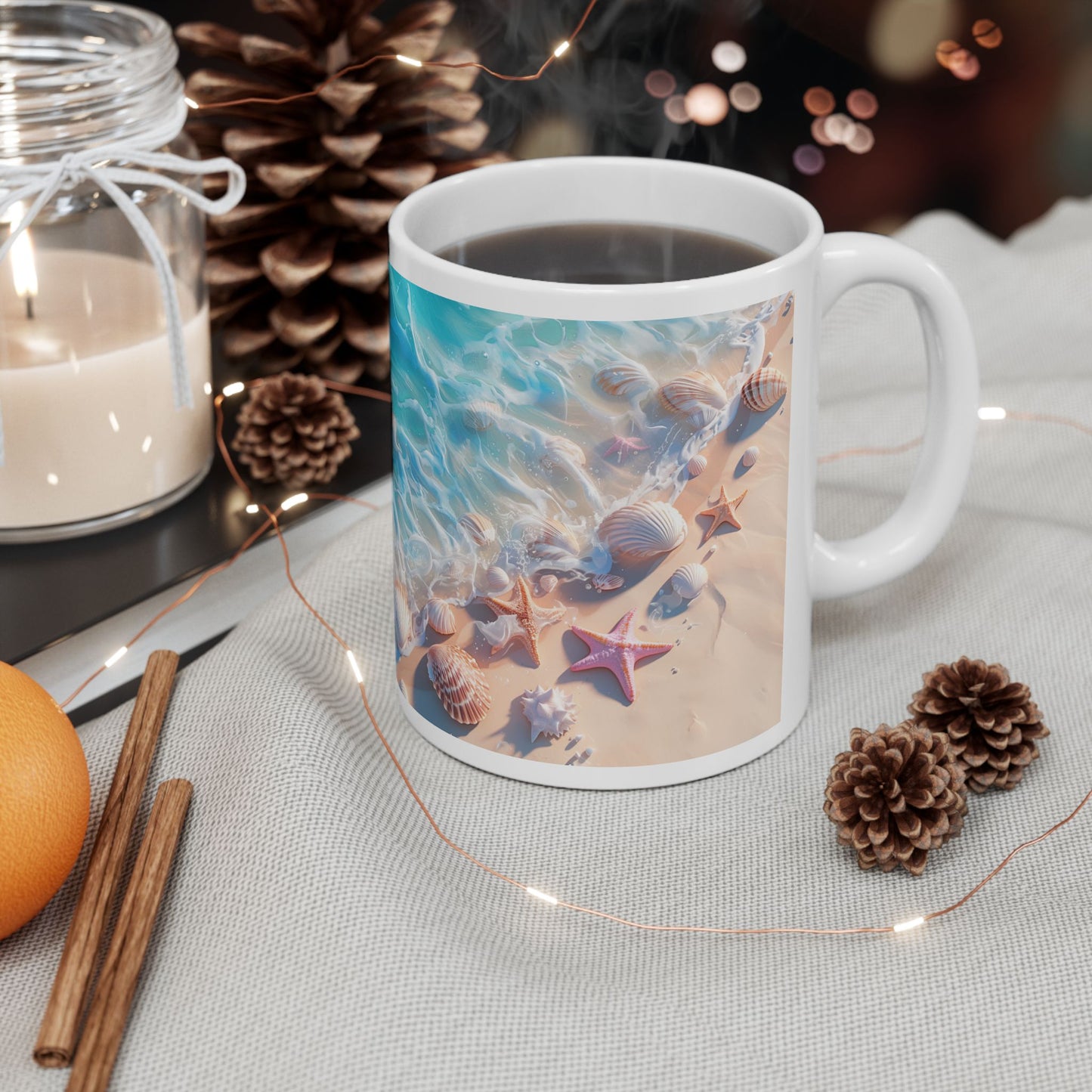 Seashell Shore Ceramic Mug — Ocean Waves Beach Coffee Cup (11oz/15oz)