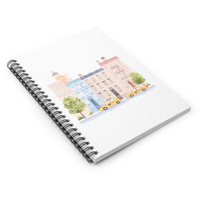 City Street Spiral Notebook — Pastel Townhomes with Yellow Taxis, Ruled Journal