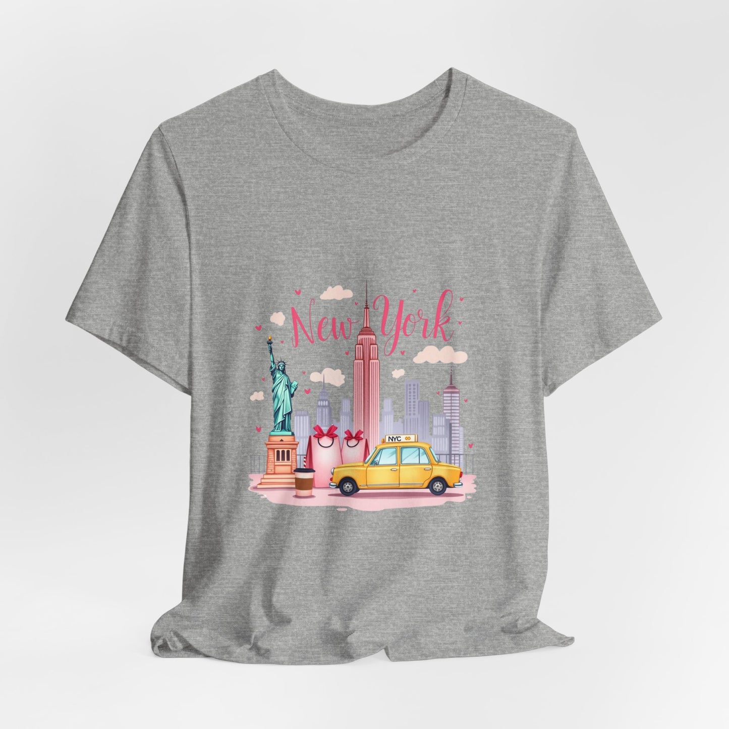 New York City Skyline T-Shirt – Cute Pink Taxi & Statue of Liberty Graphic Tee