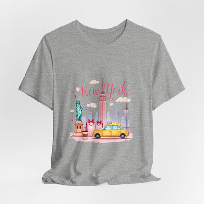 New York City Skyline T-Shirt – Cute Pink Taxi & Statue of Liberty Graphic Tee