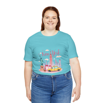 New York City Skyline T-Shirt – Cute Pink Taxi & Statue of Liberty Graphic Tee