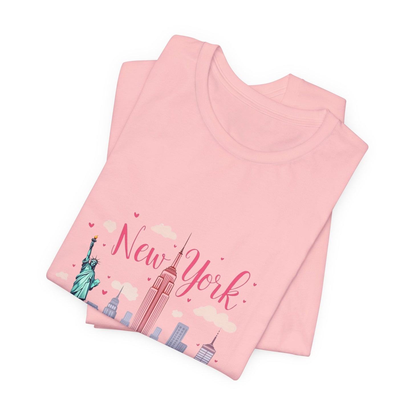 New York City Skyline T-Shirt – Cute Pink Taxi & Statue of Liberty Graphic Tee