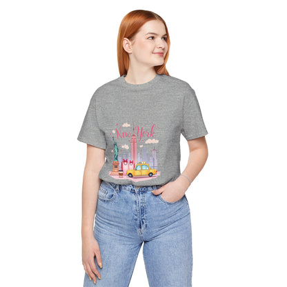 New York City Skyline T-Shirt – Cute Pink Taxi & Statue of Liberty Graphic Tee