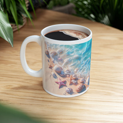 Seashell Shore Ceramic Mug — Ocean Waves Beach Coffee Cup (11oz/15oz)