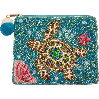 UNDER THE SEA BLUE SEATURTLE BEADED COIN POUCH
