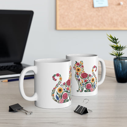 Floral Cat Ceramic Mug – Colorful Botanical Cat Coffee Cup (11oz & 15oz)