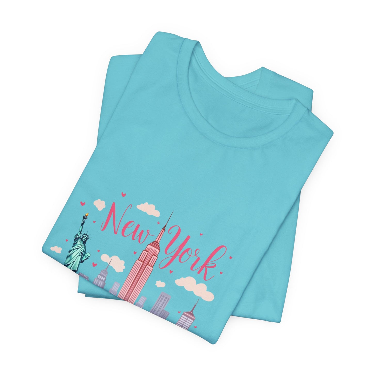 New York City Skyline T-Shirt – Cute Pink Taxi & Statue of Liberty Graphic Tee