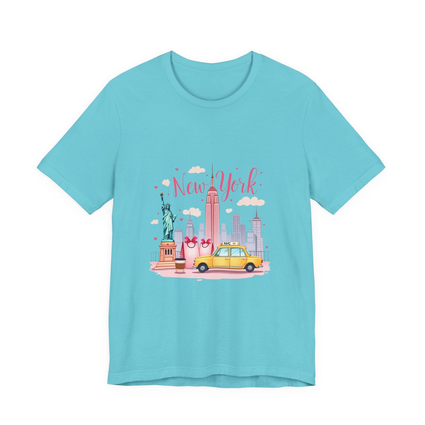 New York City Skyline T-Shirt – Cute Pink Taxi & Statue of Liberty Graphic Tee
