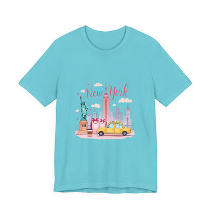 New York City Skyline T-Shirt – Cute Pink Taxi & Statue of Liberty Graphic Tee