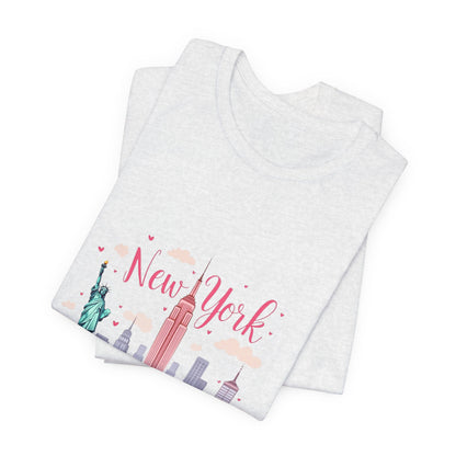 New York City Skyline T-Shirt – Cute Pink Taxi & Statue of Liberty Graphic Tee