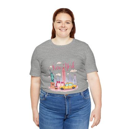 New York City Skyline T-Shirt – Cute Pink Taxi & Statue of Liberty Graphic Tee