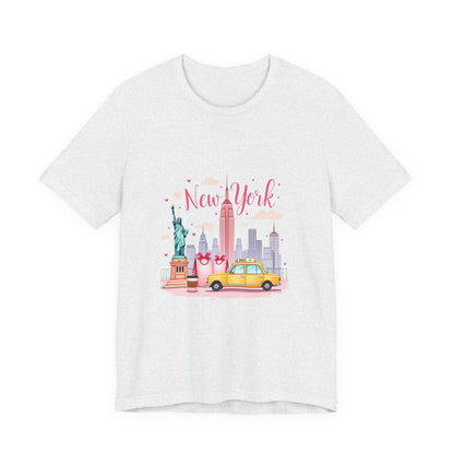 New York City Skyline T-Shirt – Cute Pink Taxi & Statue of Liberty Graphic Tee