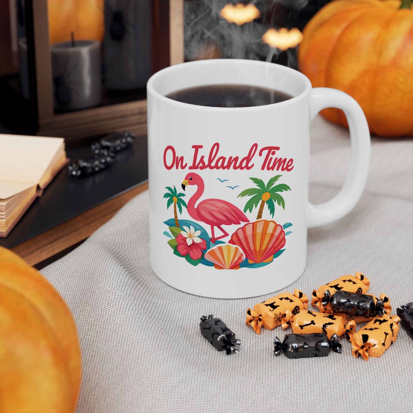 Tropical Flamingo Ceramic Mug — "One Time" Beach Shell Palm Design (11oz/15oz)