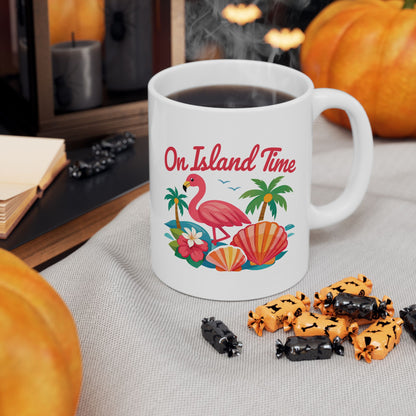 Tropical Flamingo Ceramic Mug — "One Time" Beach Shell Palm Design (11oz/15oz)