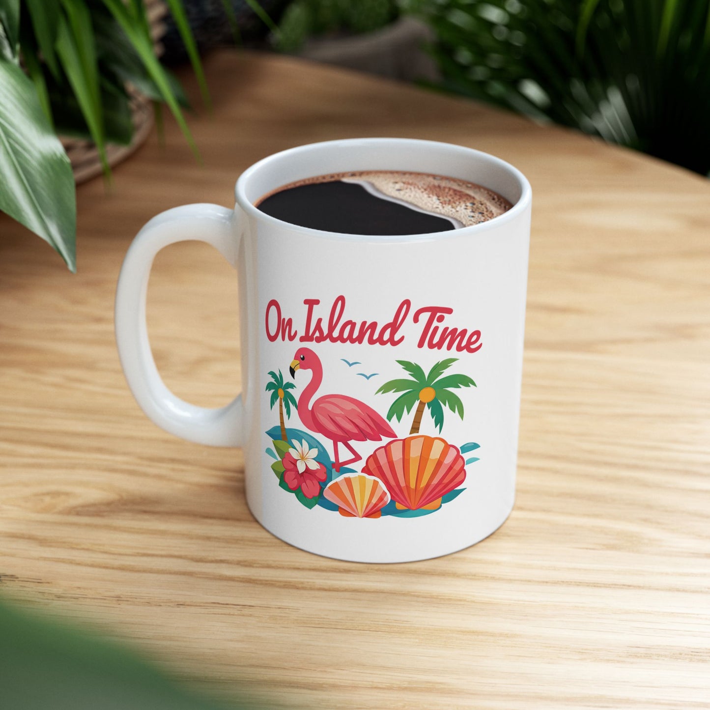 Tropical Flamingo Ceramic Mug — "One Time" Beach Shell Palm Design (11oz/15oz)
