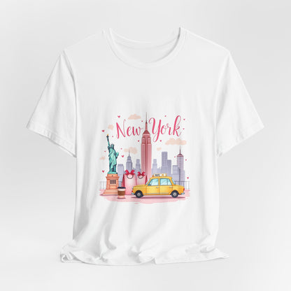 New York City Skyline T-Shirt – Cute Pink Taxi & Statue of Liberty Graphic Tee